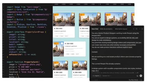 Penpot screenshot: Design canvas with code and AI chat panel