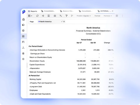 Planful screenshot: Consolidated financial report