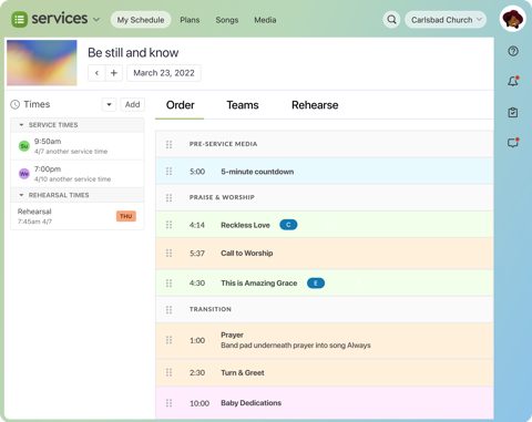 Planning Center screenshot: Services plan order