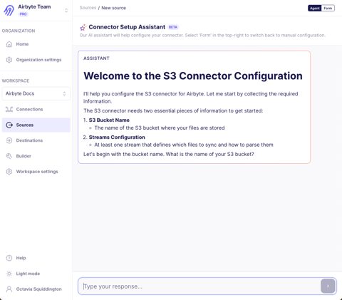 Airbyte screenshot: Connector setup assistant