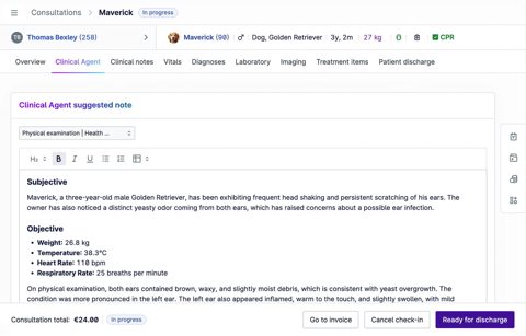 Provet Cloud screenshot: Consultation with AI-suggested clinical note