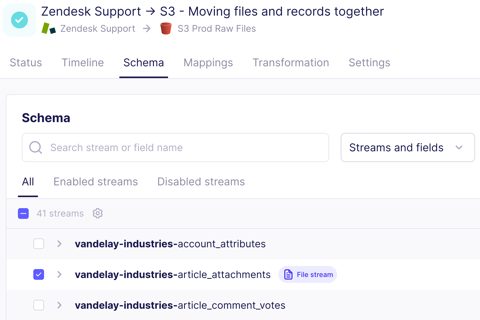 Airbyte screenshot: Connection schema and stream selection