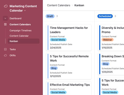 Airtable screenshot: Kanban view of a content calendar