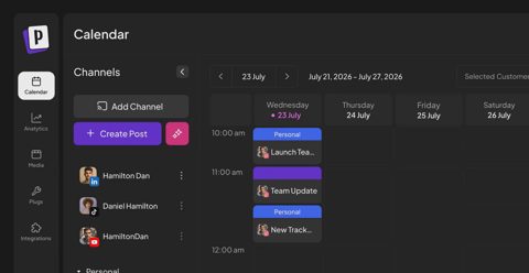 Postiz screenshot: Post scheduling calendar with channels
