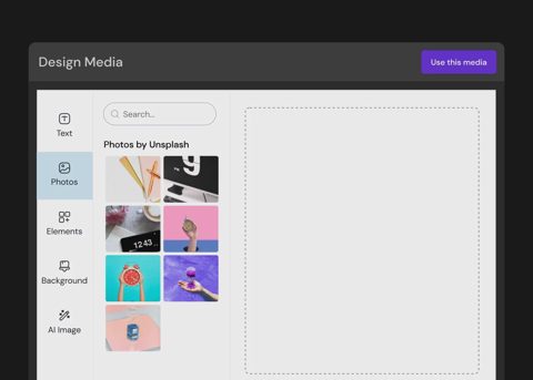 Postiz screenshot: Design editor with media library