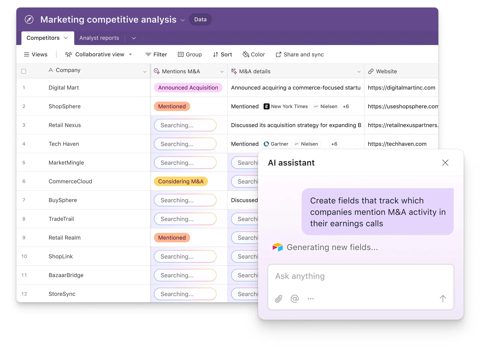 Airtable screenshot: Grid with AI assistant panel