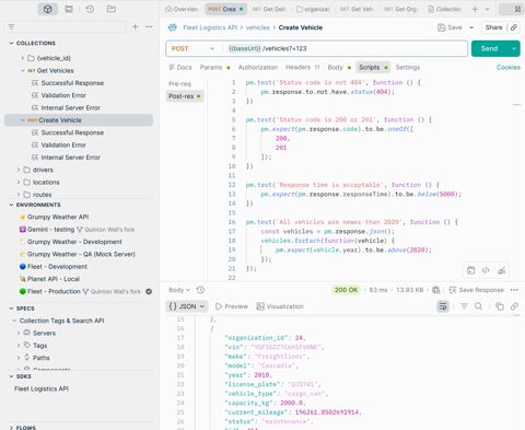 Postman screenshot: Debugging an API with AI prompts
