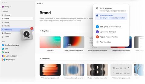 Peony screenshot: Workspace channels and file folders