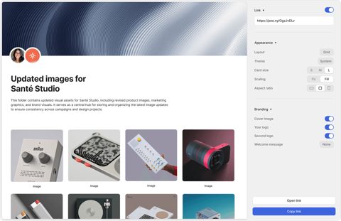 Peony screenshot: Shareable link settings for a folder