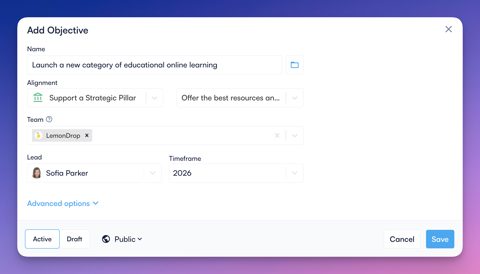 Perdoo screenshot: Add Objective form
