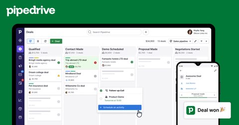 Pipedrive screenshot: Deal pipeline board on desktop and mobile