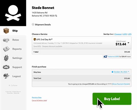 Pirate Ship screenshot: Service selection and Buy Label step