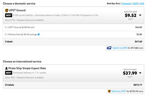 Pirate Ship screenshot: Rate comparison by carrier service