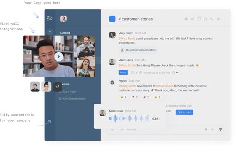 Rocket.Chat screenshot: Channel with voice message and video call