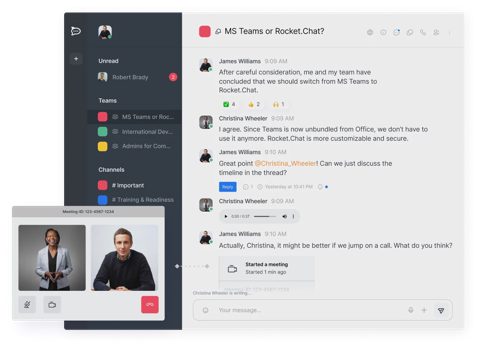 Rocket.Chat screenshot: Channel discussion with call panel