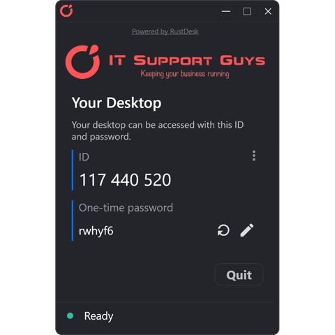 RustDesk screenshot: Client showing ID and one-time password