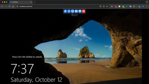 RustDesk screenshot: Web client remote session toolbar