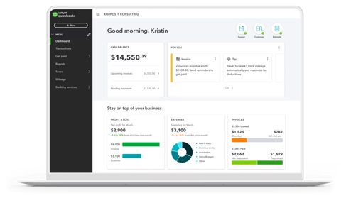 QuickBooks screenshot: Dashboard with cash balance and business snapshot