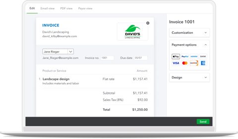QuickBooks screenshot: Invoice editor with payment options