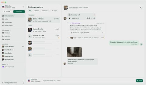 Allo screenshot: Conversations inbox with call summary