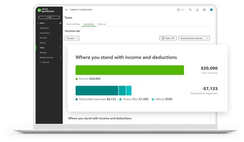 QuickBooks screenshot: Taxes view showing income and deductions