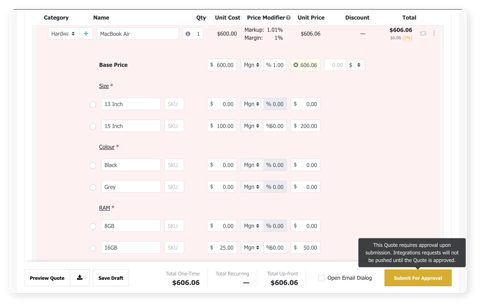 Quoter screenshot: Quote builder with line items and options