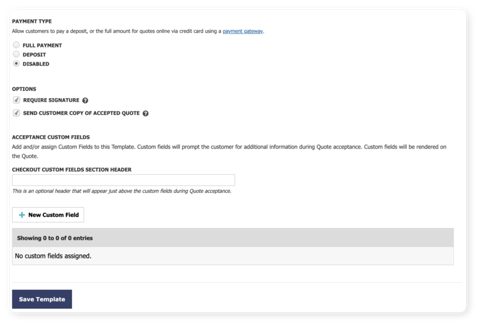 Quoter screenshot: Quote template payment and signature settings