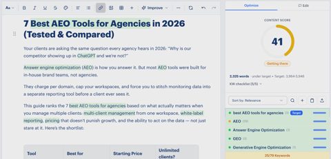 Rankability screenshot: Content optimization editor