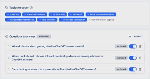 Rankability screenshot: Content planning topics and questions
