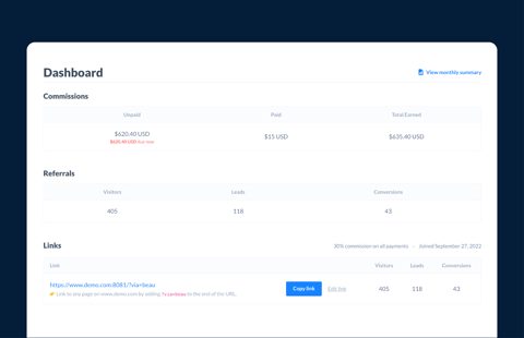 Rewardful screenshot: Affiliate dashboard with commissions and links