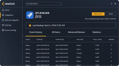 Rewind screenshot: Jira backup event history and restore options
