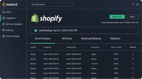 Rewind screenshot: Shopify backup event history