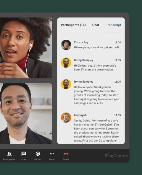 RingCentral screenshot: Video meeting with live transcript panel
