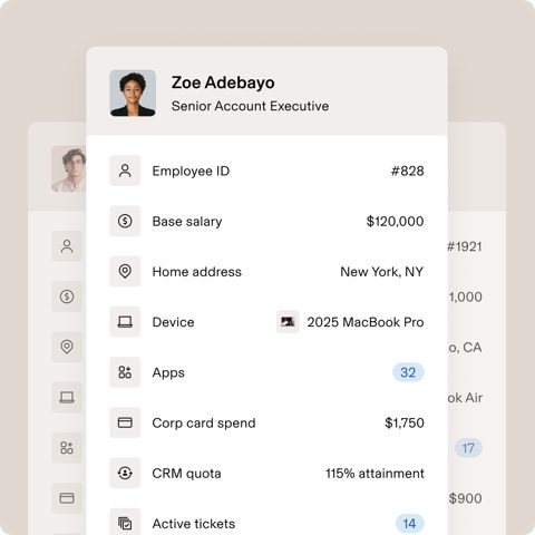 Rippling screenshot: Employee profile with HR, IT and spend data