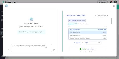 Remuner screenshot: AI plan builder with commission plan editor