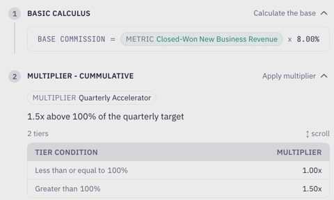 Remuner screenshot: Commission formula and multiplier tiers