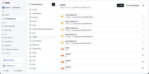 Retell AI screenshot: Knowledge base sources list
