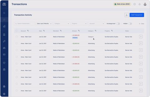 Baselane screenshot: Transaction categorization table