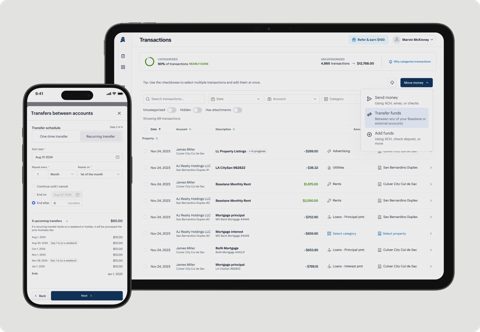 Baselane screenshot: Banking transfers on desktop and mobile
