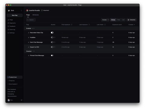 Reflag screenshot: Feature flags list