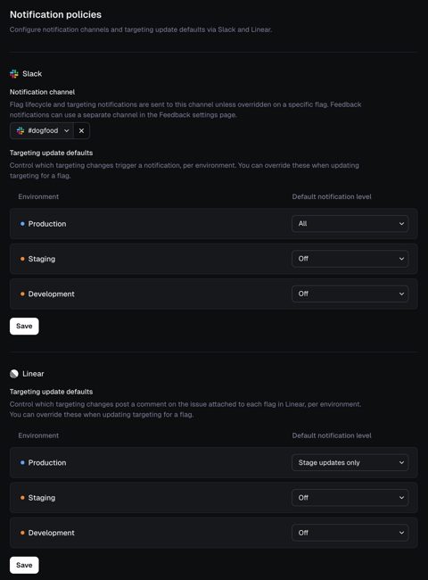 Reflag screenshot: Notification policies settings