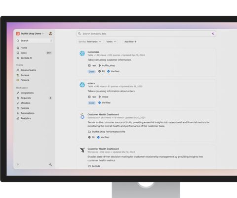 Secoda screenshot: Data catalog search results