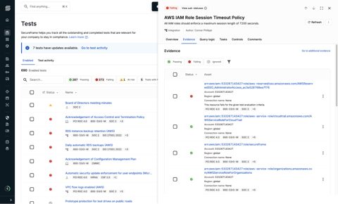 Secureframe screenshot: Tests list with evidence and status