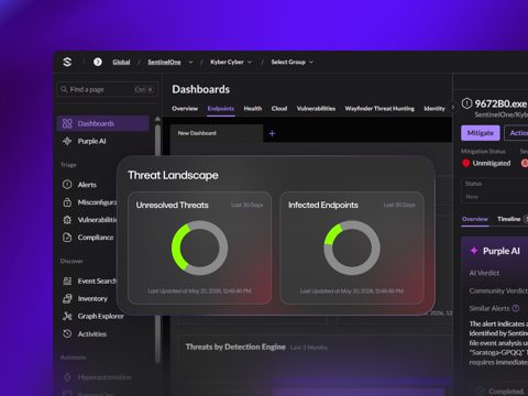 SentinelOne Singularity screenshot: Endpoint dashboard with threat landscape
