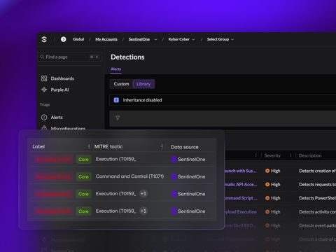 SentinelOne Singularity screenshot: Detections list with MITRE tactics