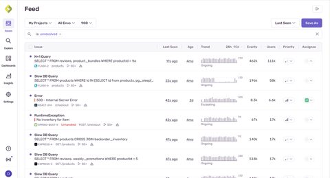 Sentry screenshot: Issues feed