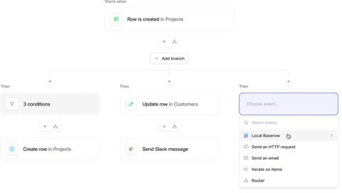Baserow screenshot: Automation workflow builder