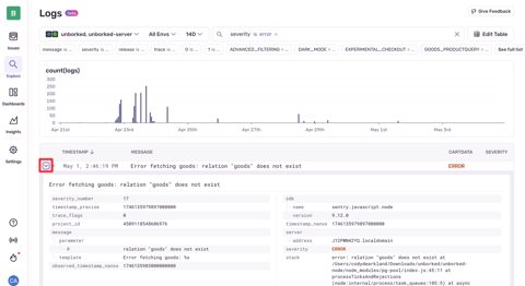 Sentry screenshot: Logs view with expanded entry