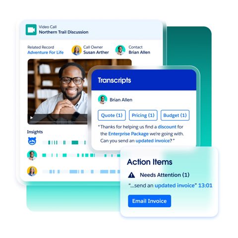 Salesforce Sales Cloud screenshot: Call transcripts and action items