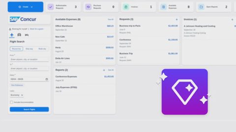 SAP Concur screenshot: Home dashboard with requests and reports